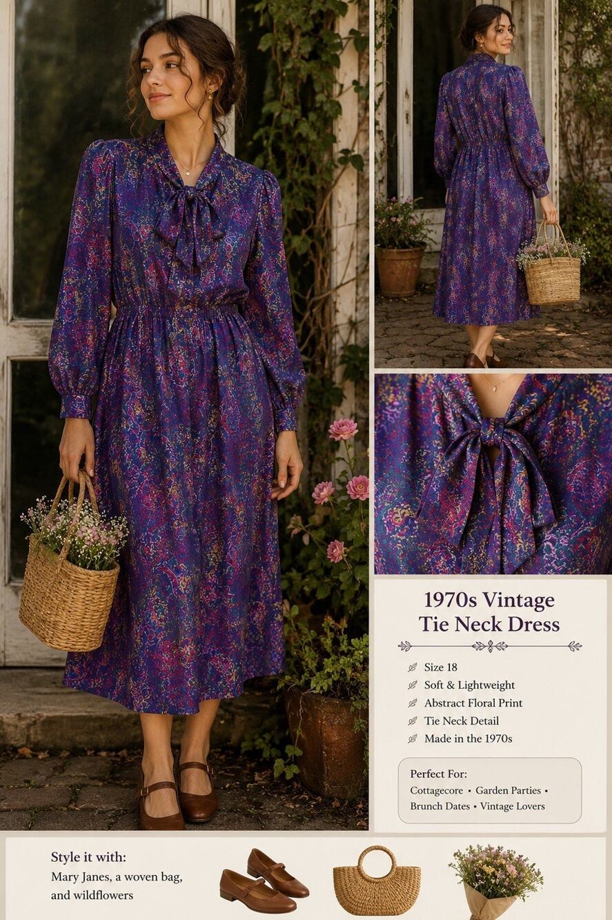 VTG 70s Bedford Fair Purple Paisley Bow Fit Flare Plus Size 18 Dress